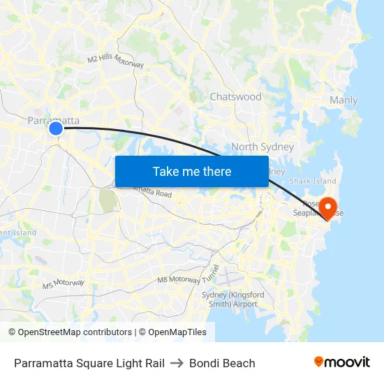 Parramatta Square Light Rail to Bondi Beach map