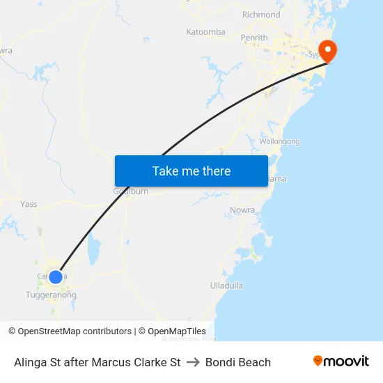 Alinga St after Marcus Clarke St to Bondi Beach map