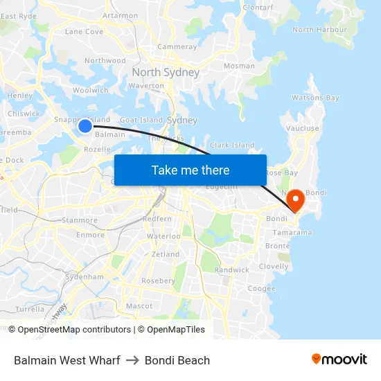 Balmain West Wharf to Bondi Beach map