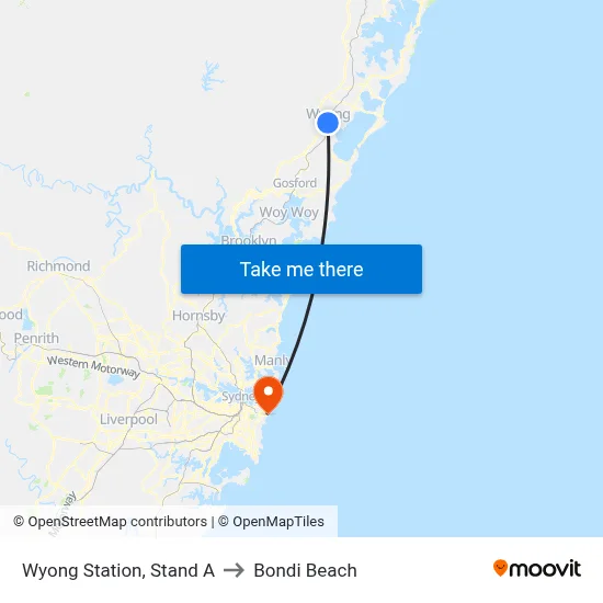Wyong Station, Stand A to Bondi Beach map