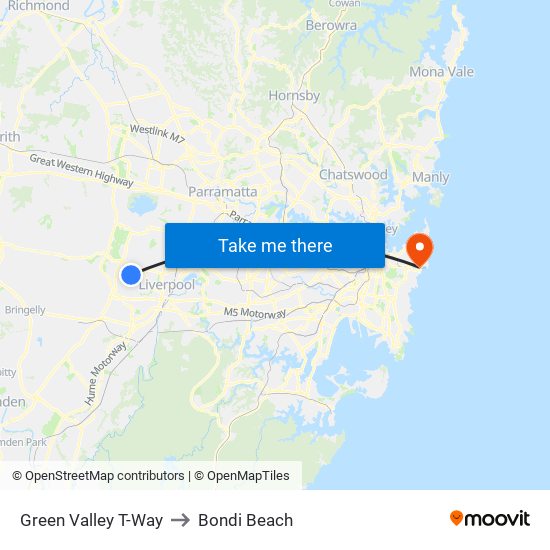 Green Valley T-Way to Bondi Beach map