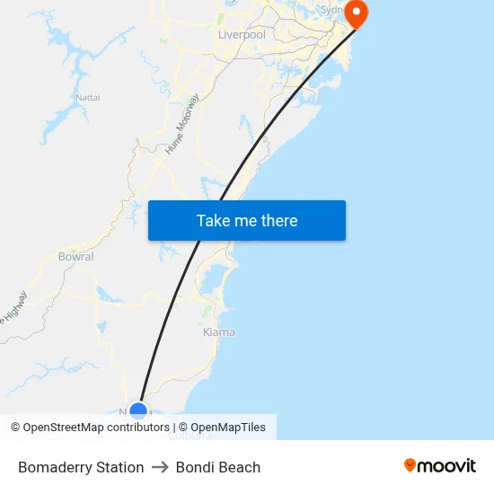 Bomaderry Station to Bondi Beach map