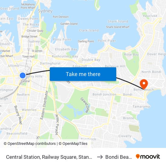 Central Station, Railway Square, Stand N to Bondi Beach map