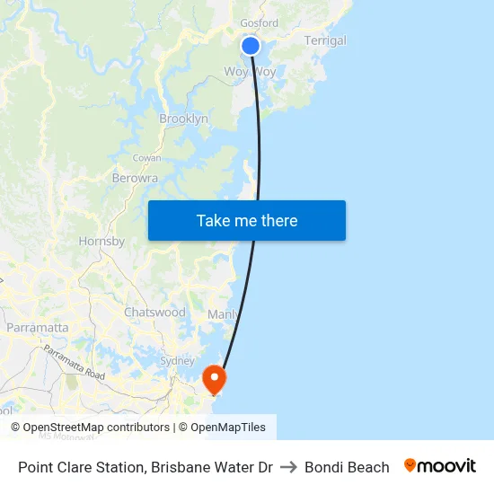 Point Clare Station, Brisbane Water Dr to Bondi Beach map