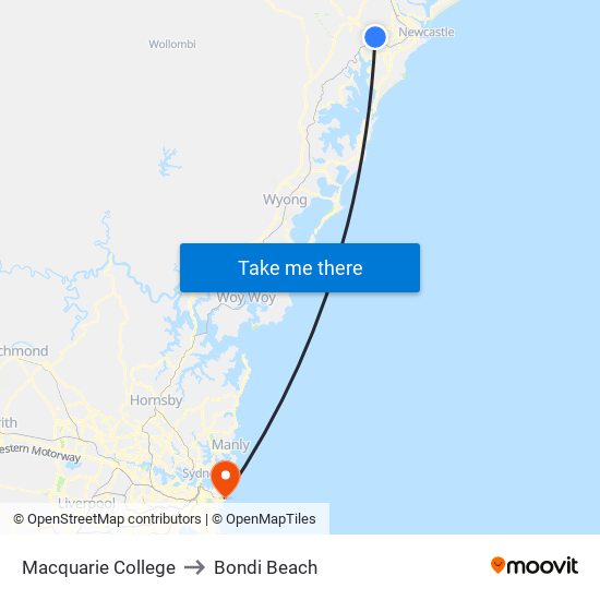 Macquarie College to Bondi Beach map