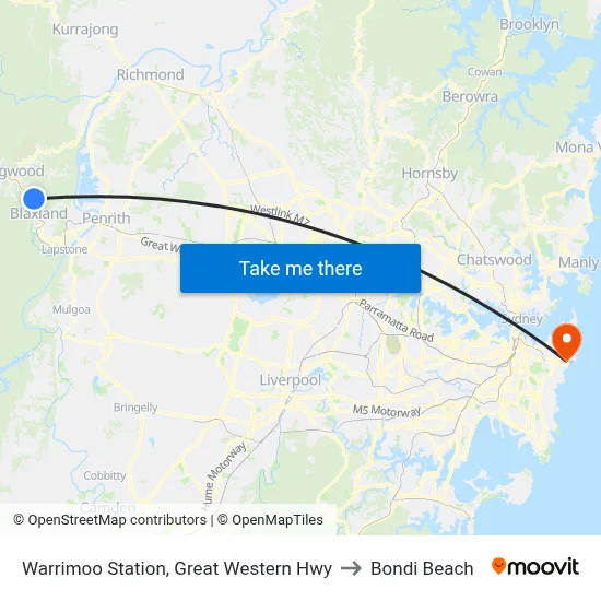 Warrimoo Station, Great Western Hwy to Bondi Beach map