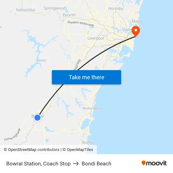 Bowral Station, Coach Stop to Bondi Beach map