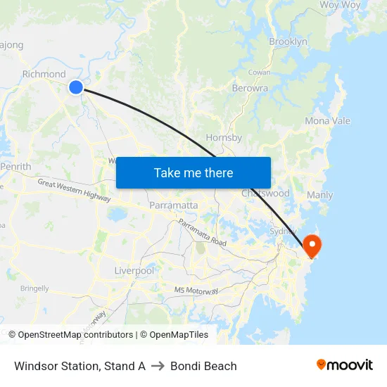 Windsor Station, Stand A to Bondi Beach map