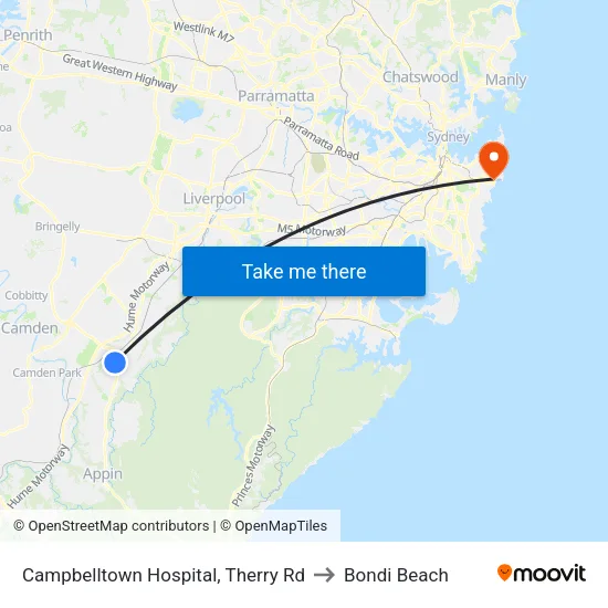 Campbelltown Hospital, Therry Rd to Bondi Beach map