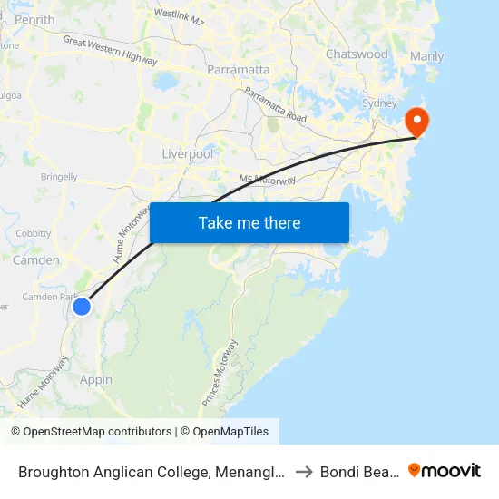 Broughton Anglican College, Menangle Rd to Bondi Beach map