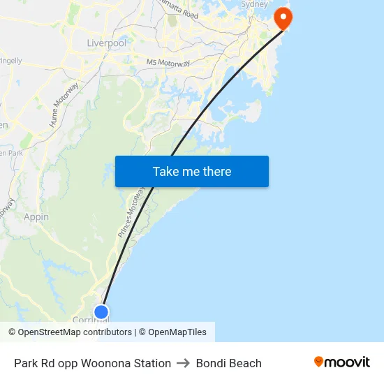 Park Rd opp Woonona Station to Bondi Beach map