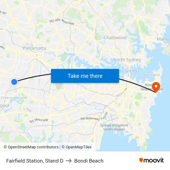 Fairfield Station, Stand D to Bondi Beach map