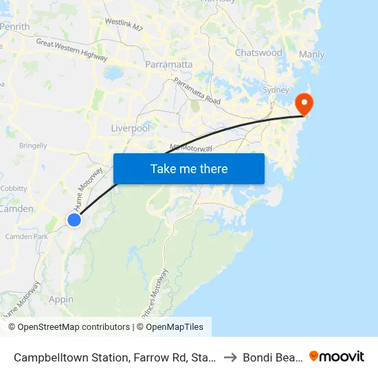 Campbelltown Station, Farrow Rd, Stand G to Bondi Beach map