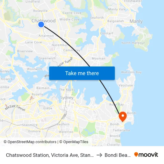 Chatswood Station, Victoria Ave, Stand E to Bondi Beach map