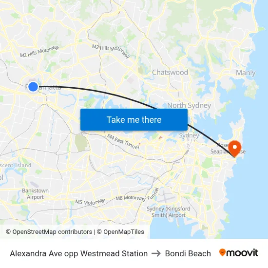 Alexandra Ave opp Westmead Station to Bondi Beach map