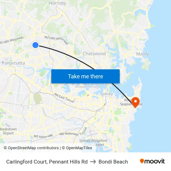 Carlingford Court, Pennant Hills Rd to Bondi Beach map
