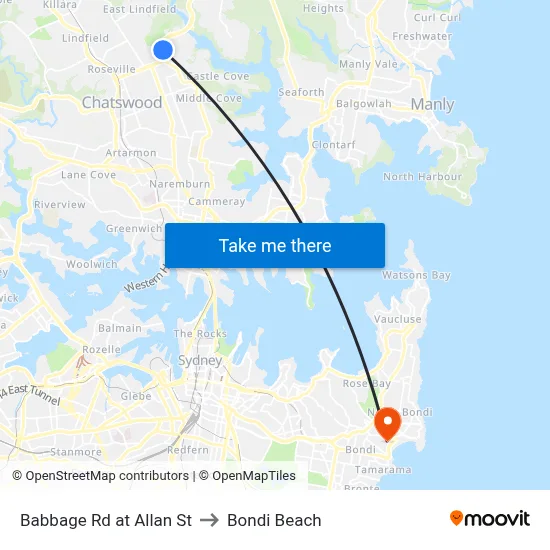 Babbage Rd at Allan St to Bondi Beach map