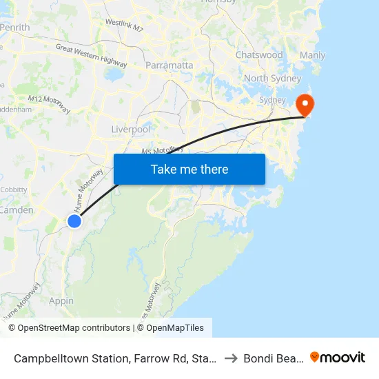Campbelltown Station, Farrow Rd, Stand H to Bondi Beach map