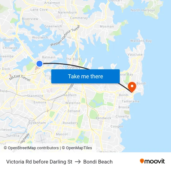 Victoria Rd before Darling St to Bondi Beach map
