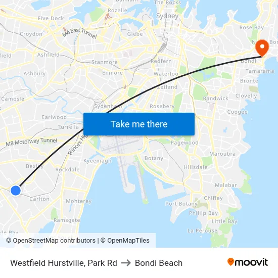 Westfield Hurstville, Park Rd to Bondi Beach map