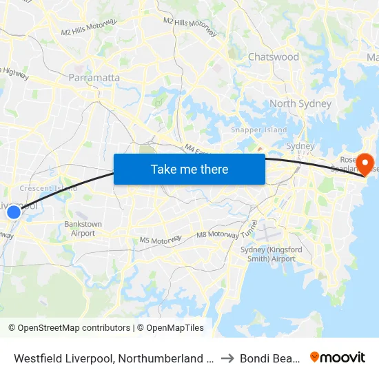Westfield Liverpool, Northumberland St to Bondi Beach map