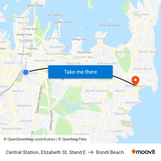 Central Station, Elizabeth St, Stand E to Bondi Beach map