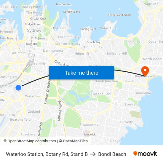 Waterloo Station, Botany Rd, Stand B to Bondi Beach map