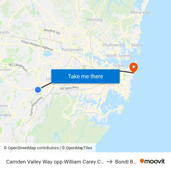 Camden Valley Way opp William Carey Christian School to Bondi Beach map
