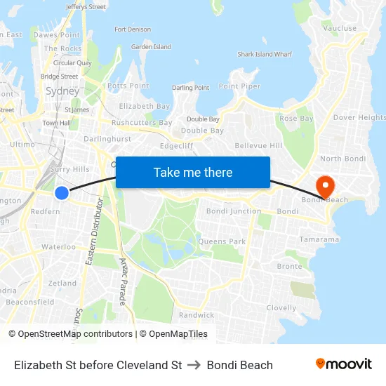 Elizabeth St before Cleveland St to Bondi Beach map