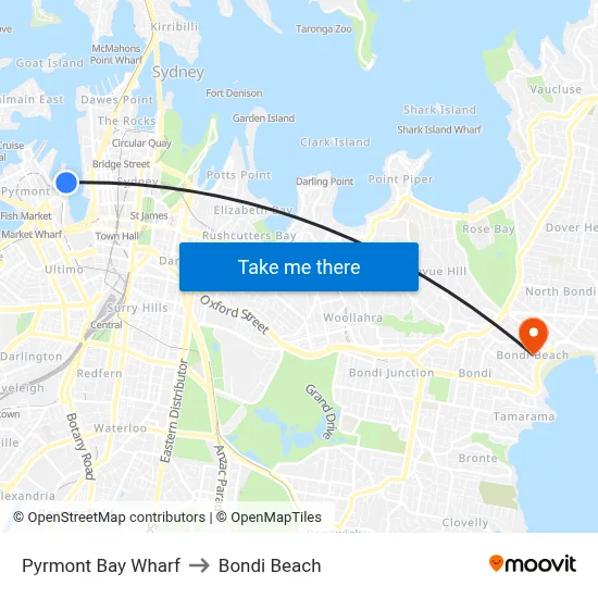 Pyrmont Bay Wharf to Bondi Beach map