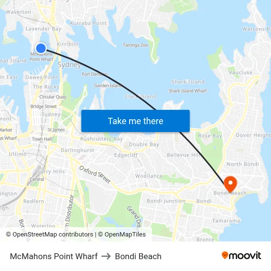 McMahons Point Wharf to Bondi Beach map