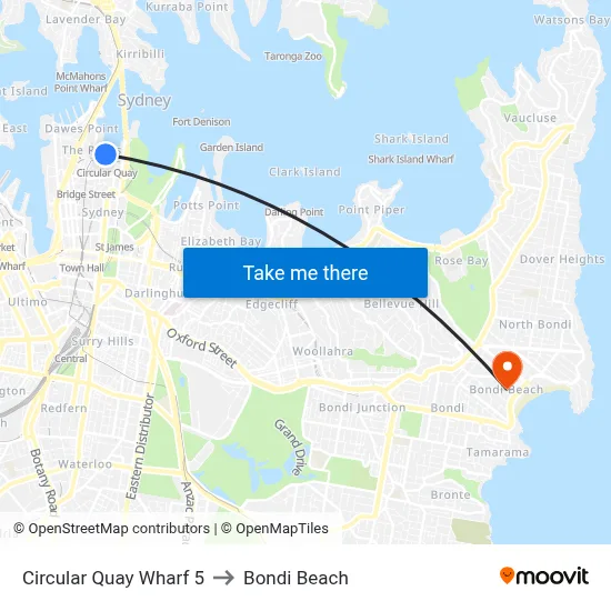 Circular Quay Wharf 5 to Bondi Beach map