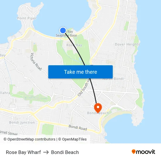 Rose Bay Wharf to Bondi Beach map