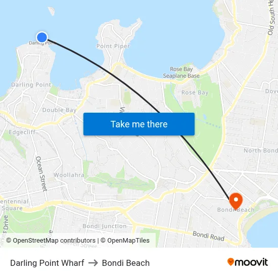 Darling Point Wharf to Bondi Beach map