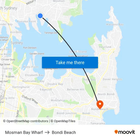 Mosman Bay Wharf to Bondi Beach map