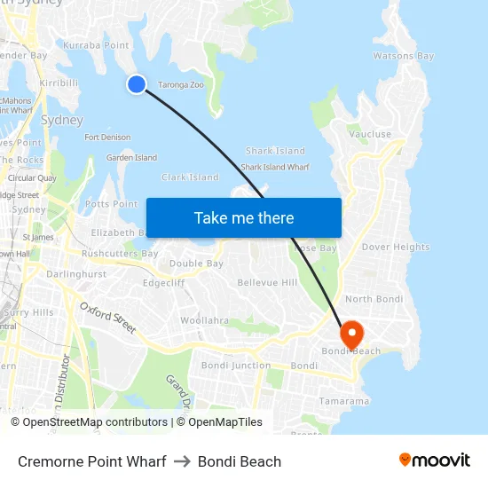 Cremorne Point Wharf to Bondi Beach map