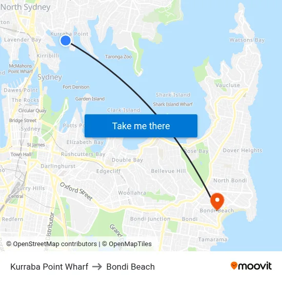 Kurraba Point Wharf to Bondi Beach map