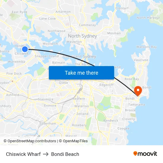 Chiswick Wharf to Bondi Beach map
