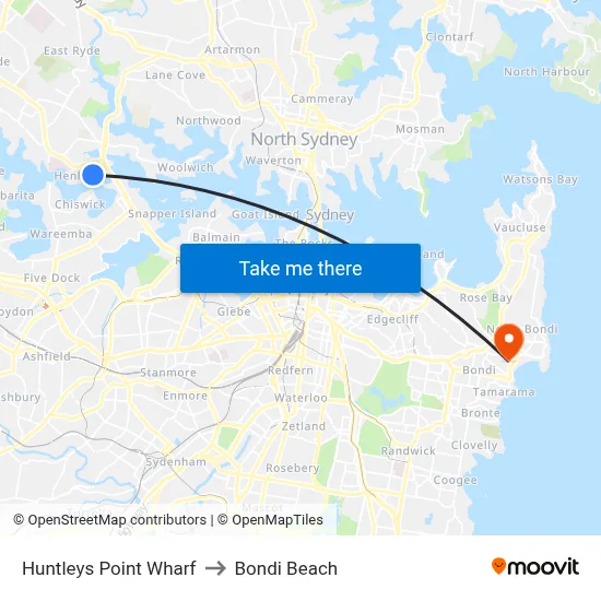 Huntleys Point Wharf to Bondi Beach map