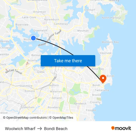 Woolwich Wharf to Bondi Beach map