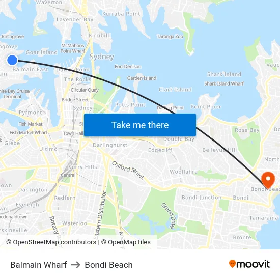 Balmain Wharf to Bondi Beach map