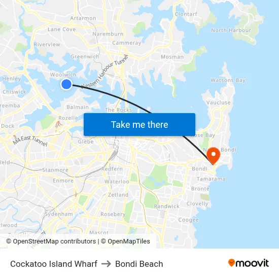 Cockatoo Island Wharf to Bondi Beach map