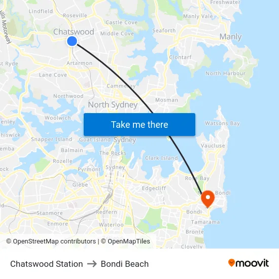 Chatswood Station to Bondi Beach map