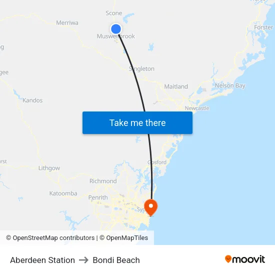Aberdeen Station to Bondi Beach map