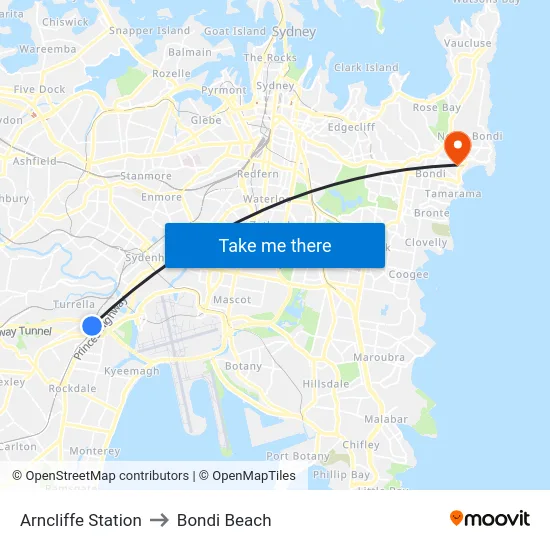 Arncliffe Station to Bondi Beach map