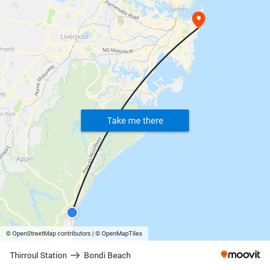 Thirroul Station to Bondi Beach map