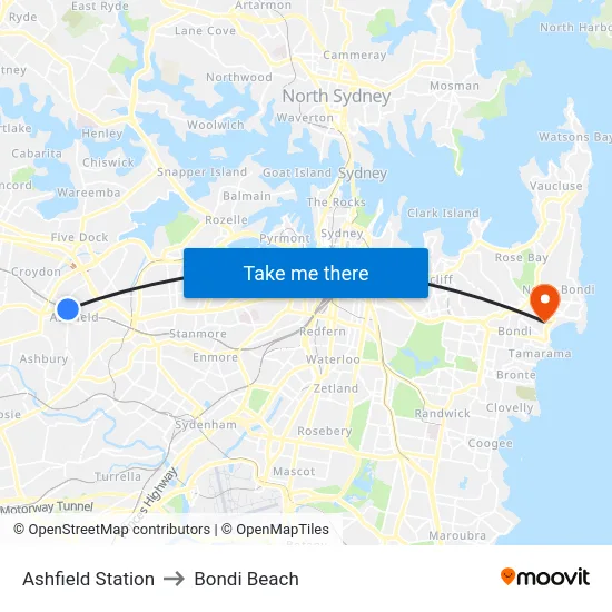 Ashfield Station to Bondi Beach map
