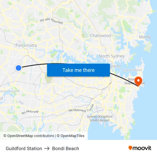 Guildford Station to Bondi Beach map