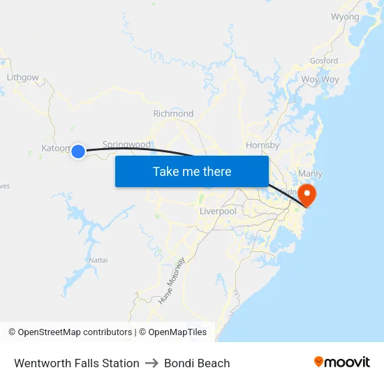 Wentworth Falls Station to Bondi Beach map