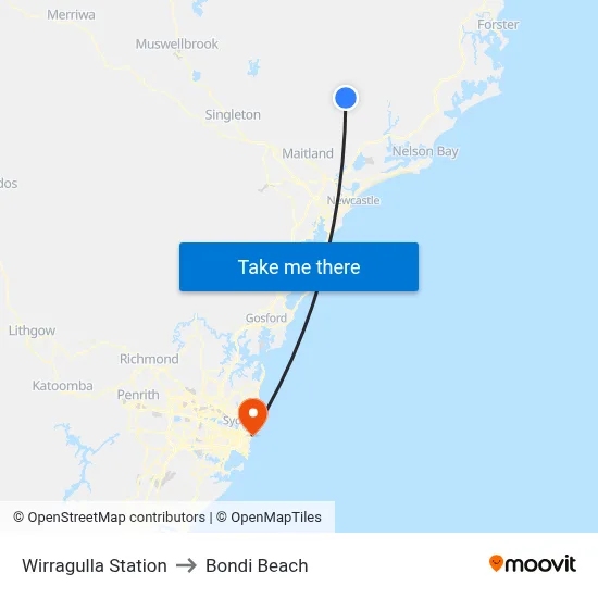 Wirragulla Station to Bondi Beach map